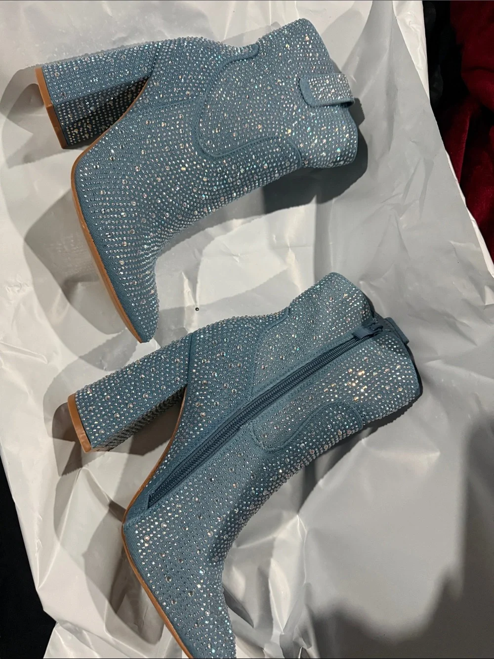 Embellished Light Blue Block Heel Ankle Boots